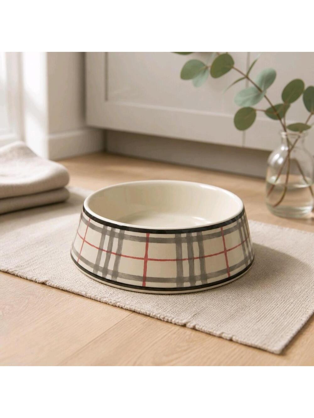 Burberry Nova Ceramic Standard Dog Bowl Plaid Pattern Beige Black Red Gray